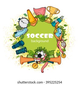 Doodle colorful soccer composition with sport objects on green globe. Vector illustration. Hand drawn outline style for banner, poster, advertisement, charter