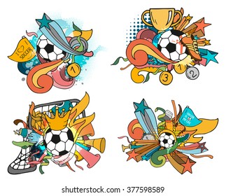 Doodle colorful soccer compositions with sport objects and decoration elements. Vector collection. Hand drawn outline style for banner, poster, advertisement