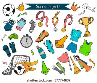 Doodle colorful soccer or football objects, vector collection. Hand drawn outline style for banner, poster, advertisement