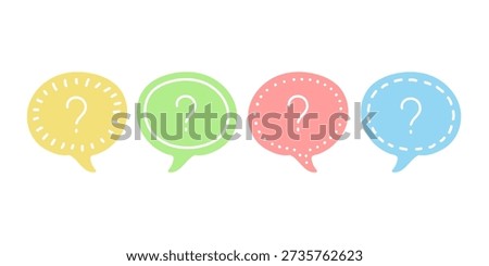 Doodle colorful speech bubble set icons with question marks. Concept of asking frequent questions or communication. Hand drawn text box for FAQ and solution. Vector illustration