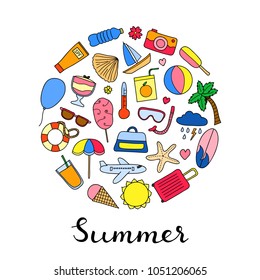 Doodle colorful summer and vacation items composed in circle shape with lettering.