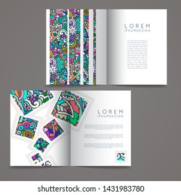 Doodle colorful template hand drawn for kids and play. Cartoon design artistic print. Vector set
