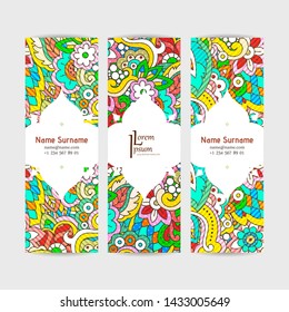 Doodle colorful template hand drawn for kids and play. Cartoon design artistic print. Vector set