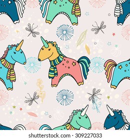 Doodle colorful unicorns - seamless pattern. Unicorn pattern, Vector
