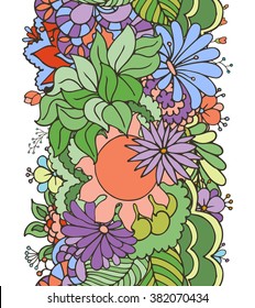 Doodle colorful vertical abstract floral seamless pattern with spring elements in outline style