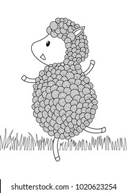 Doodle coloring anti stress book page cute running sheep.  For adults and children