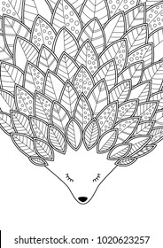 Doodle coloring anti stress book page cute sleeping hedgehog with leaves.  For adults and children