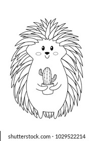 Doodle coloring anti stress book page cute hedgehog with cactus in the pot.  For adults and children