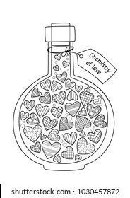 Doodle coloring anti stress book page flask with hearts and tag "Chemistry of love". For adults and children