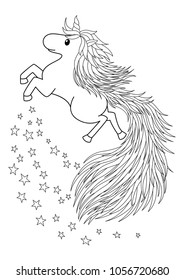 Doodle coloring anti stress book page fantasy unicorn.  For adults and children
