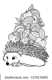 Doodle coloring anti stress book page cute hedgehog with fruits and mushrooms.  For adults and children