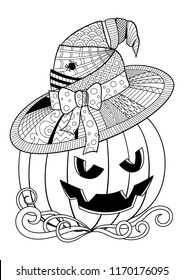 Doodle coloring anti stress book page 
 halloween pumpkin wearing witch's hat