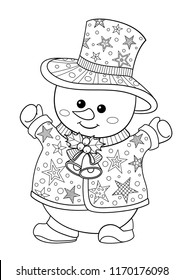 Doodle coloring anti stress book page  cute christmas snowman wearing hat and sweater with stars