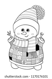 Doodle coloring anti stress book page  cute christmas snowman wearing sweater, hat and scarf