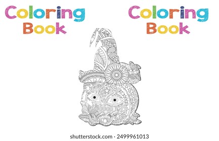 Doodle coloring anti stress book page halloween pumpkin wearing witch's hat