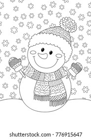 Doodle coloring anti stress book page cute snowman dressed in the hat and scarf.  For adults and children