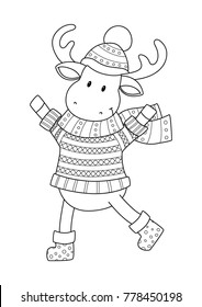 Doodle coloring anti stress book page cute deer dressed in the sweater, hat and scarf.  For adults and children