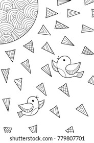 Doodle coloring anti stress book page cute sun and birds. For adults and children