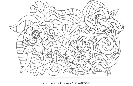 Doodle coloring antistress flower with leaf isolated on white. Bundle hand drawing art line for card. Design cloth. Sketch vector stock illustration