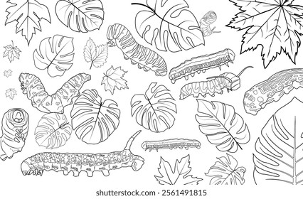 doodle or coloring book caterpillar with leaves, for children's materials, educational content, stickers, activity books, greeting cards, or any project that seeks a fun and cheerful atmosphere