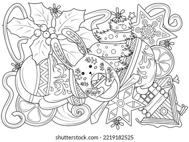 Doodle coloring book for children on the theme of Christmas with a rabbit in the middle. Funny elements of New Year holidays. Vector illustration