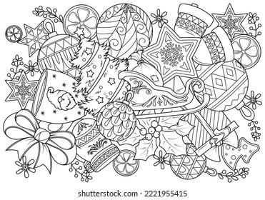 Doodle coloring book for children on a Christmas theme. Funny elements of New Year holidays. Vector illustration