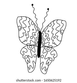 Doodle coloring book with cute butterflies for children and adults.Vector stock illustration of black outline insect.