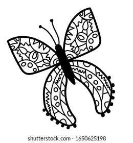 Doodle coloring book with cute butterflies for children and adults.Vector stock illustration of black outline insect.