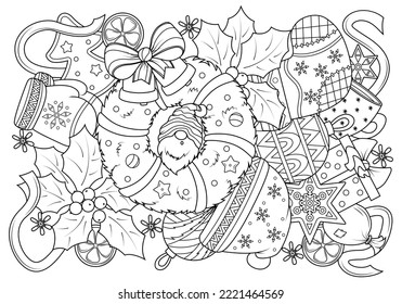 Doodle coloring book for kids on a Christmas theme with a Christmas wreath in the middle. Funny elements of New Year holidays. Vector illustration