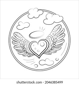 Doodle coloring book on the theme of soaring love, linear drawing of a heart with wings, a flying heart in the sky with clouds, feathers in the wings, drawing, blank for design.