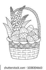 Doodle coloring book page basket with easter eggs. Anti-stress coloring for adults and children