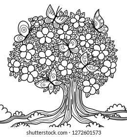 Doodle coloring book page beautiful tree with flowers and butterflies