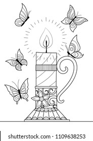 Doodle coloring book page candle and butterflies. For adults and children
