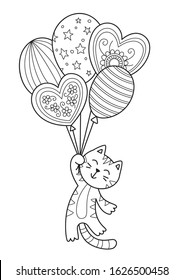 Doodle coloring book page cat with balloons. Valentine day illustration. Stock vector illustration