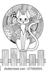 Doodle coloring book page cat and moon. Antistress zentangle for adults. Stock vector illustration