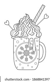 Doodle coloring book page christmas mug with hot chocolate and whipped cream. Stock vector illustration