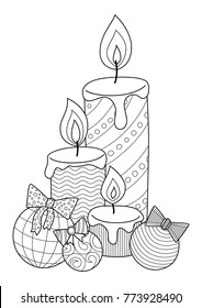 Doodle coloring book page christmas candlies and balls with bows. For adults and children