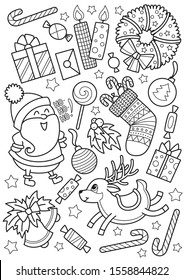 Doodle coloring book page Chritmas pattern. Outlined set Christmas items: gift boxes, candy cane, sock, Santa Claus, sweets, christmas bells, deer, wreath
