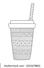 Doodle coloring book page cup of coffee (to go) . Antistress coloring for adults and children