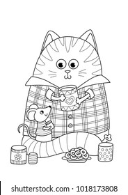 Doodle coloring book page cute fat cat and little mouse are drinking tea. Anti-stress for adults.