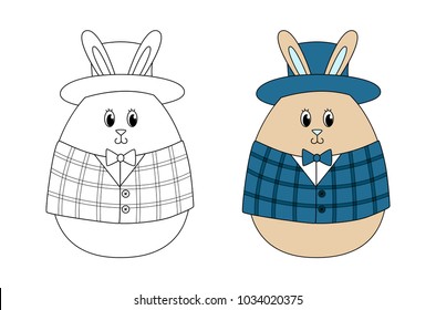 Doodle coloring book page cute Easter egg painted in easter bunny  with hat and costume.