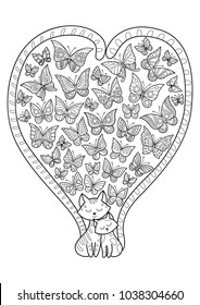 Doodle coloring book page cute cats and butterflies. Anti-stress coloring for adults and children
