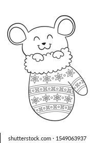 Doodle coloring book page cute mouse sleeping in the warm mitten
