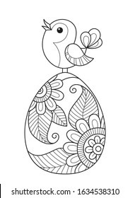 Doodle coloring book page easter egg and bird. Stock vector illustration