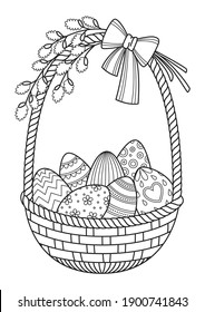 Doodle coloring book page Easter basket with Easter eggs and willow twigs. Black and white outlined illustration