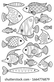 Doodle coloring book page fishes set. Antistress for adults. Collection of black and white doodle fishes. Stock vector illustration
