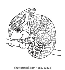 La página del libro coloreado de Doodle camaleón divertido. Colorante antiestrés para adultos y niños