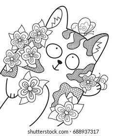 Doodle coloring book page funny cute cat. Anti-stress coloring for adults and children