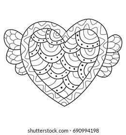 Doodle coloring book page funny heart with wings. Anti-stress coloring for adults and children