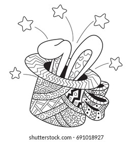 Doodle coloring book page funny rabbit in the hat. Anti-stress coloring for adults and children